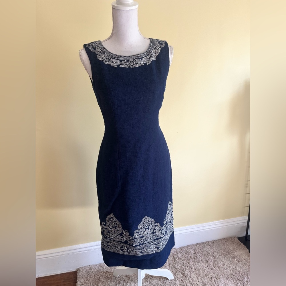 Oscar de la Renta Navy Dress with Silver Detailing